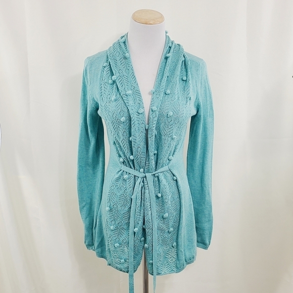 Anthropologie Knitted & Knotted Kose Teal Pom Pom Cardigan - Picture 1 of 6
